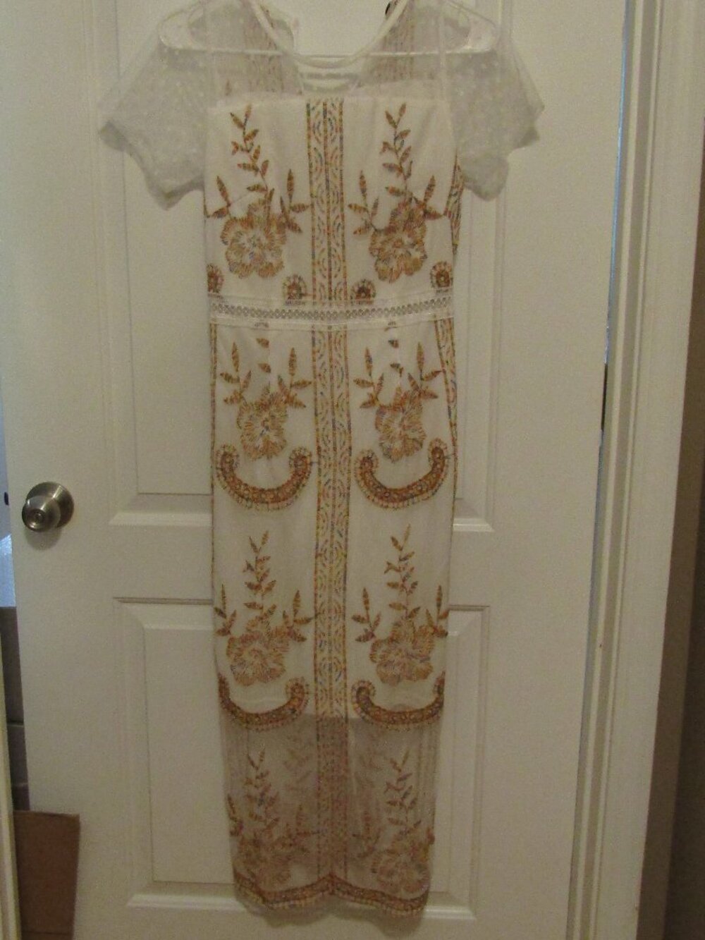TICOSA Maxi White Lace Dress Size S w/ Floral Embroidery Rounded Neck Mesh Top